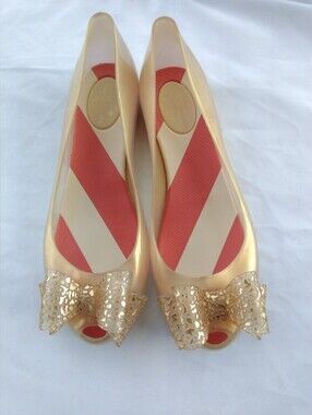 Vivienne Westwood Anglomania + Melissa Gold Peep-Toe Bow Flats size 8